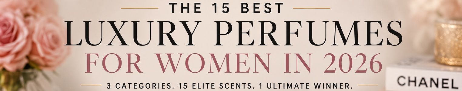 Fifteen luxury women's perfume bottles arranged as a banner
