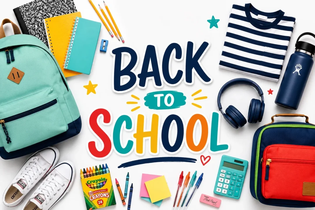 Back to school flat lay with a backpack, lunch box, notebooks and sneakers