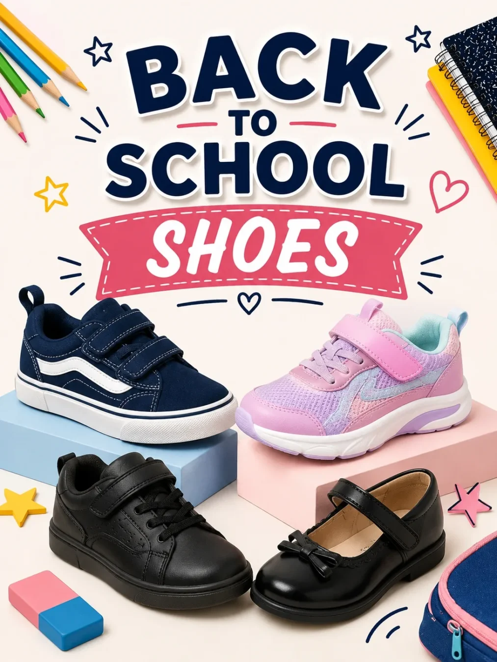 School shoe line-up with sneakers, mary janes and velcro trainers